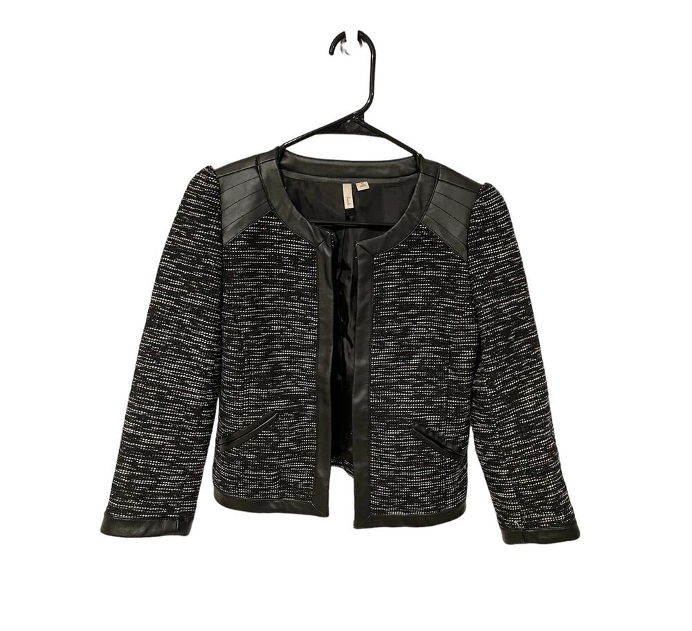 Frenchi wool tweed faux leather black blazer size XS